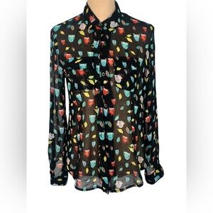 Anthropologie POL Black Sheer Owl Print Button Down Shirt Small